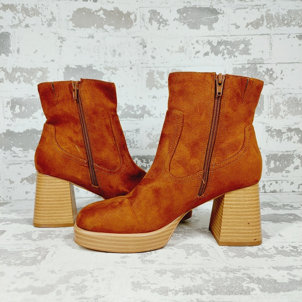 New BP Keyla Chunky Heeled Brown Suede Square Toe Ankle Boots F186 - Picture 4 of 11